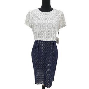New‎ Calvin Klein Navy White Sheath Crochet Lace Overlay Dress  Sz 6